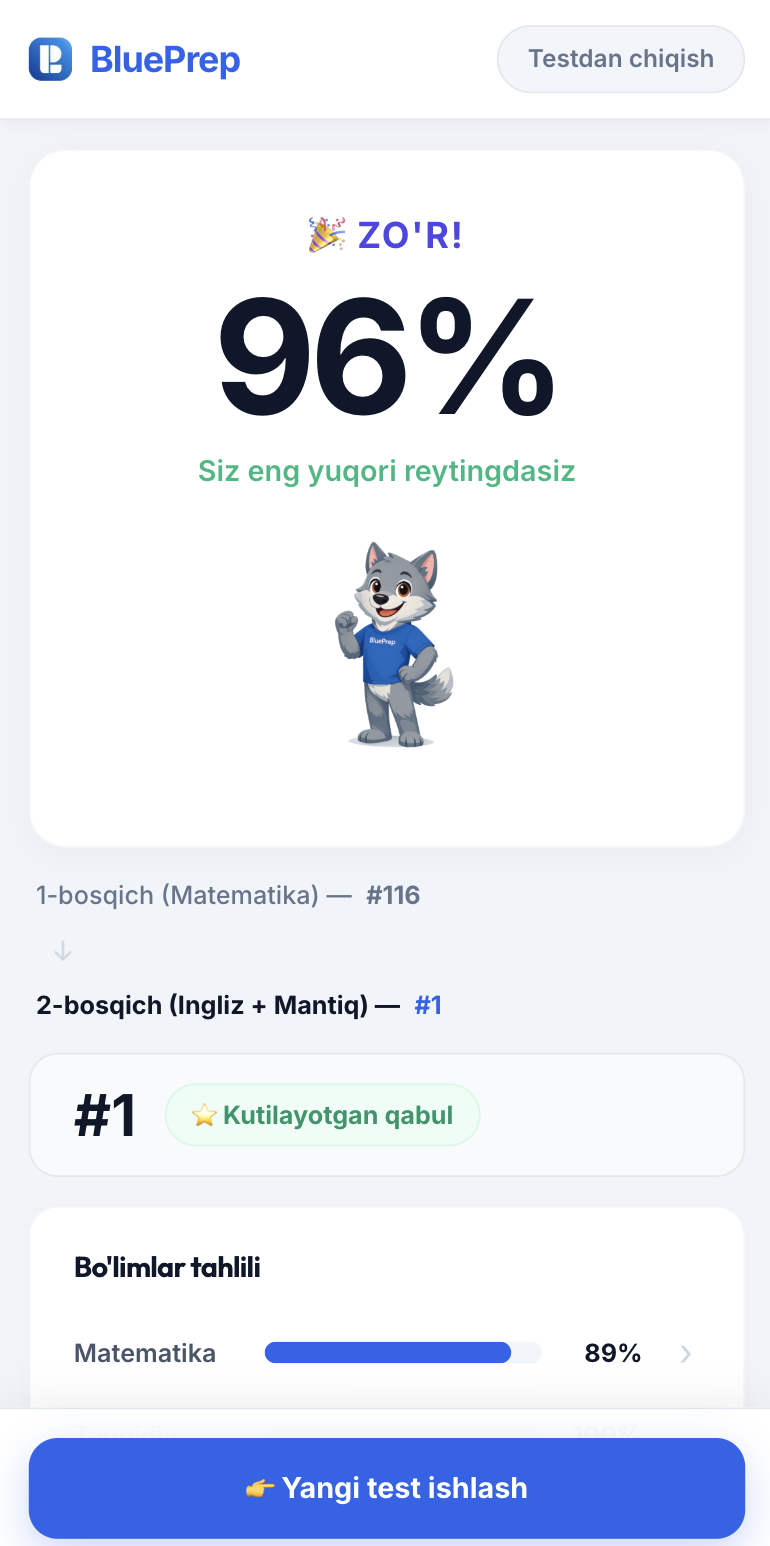 BluePrep natijalar sahifasi — real app screenshot