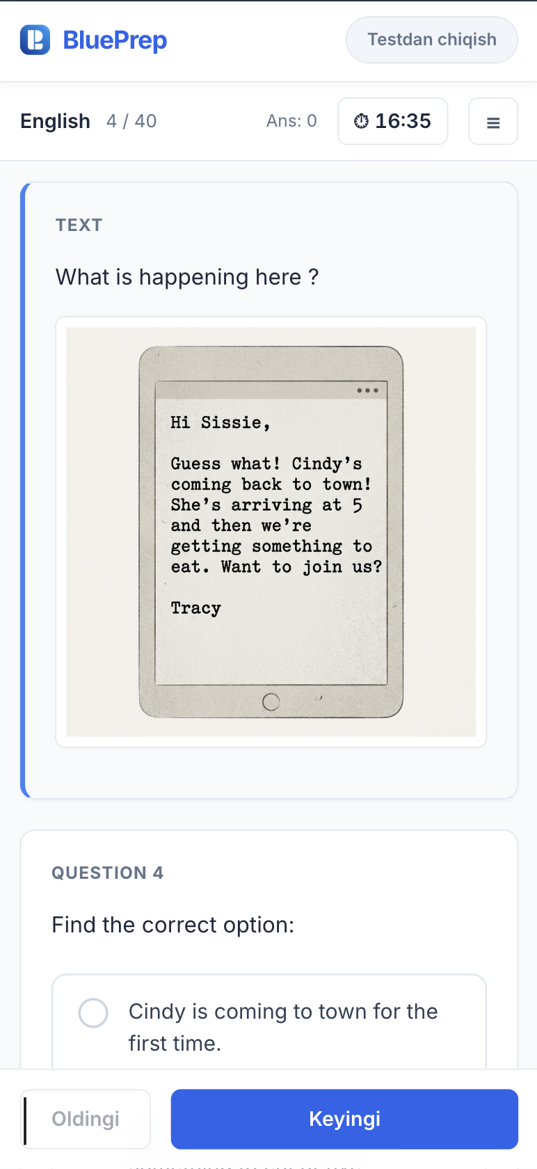 BluePrep test interfeysi